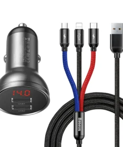 Baseus Car Charger with display 24W + Cable USB 3in1 Baseus Three Primary Colors 1,2m
