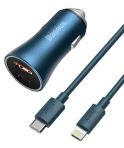 Baseus Golden Contactor Pro car charger, USB + USB-C, QC4.0+, PD, SCP, 40W (blue) + USB-C - Lightning cable 1m (blue)