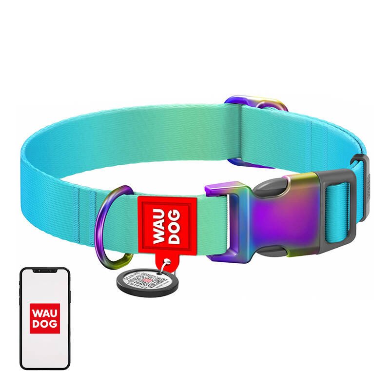 Nailonist koerakaelarihm QR-koodiga WAUDOG, 15 mm lai, 25-35 cm pikk, sinine